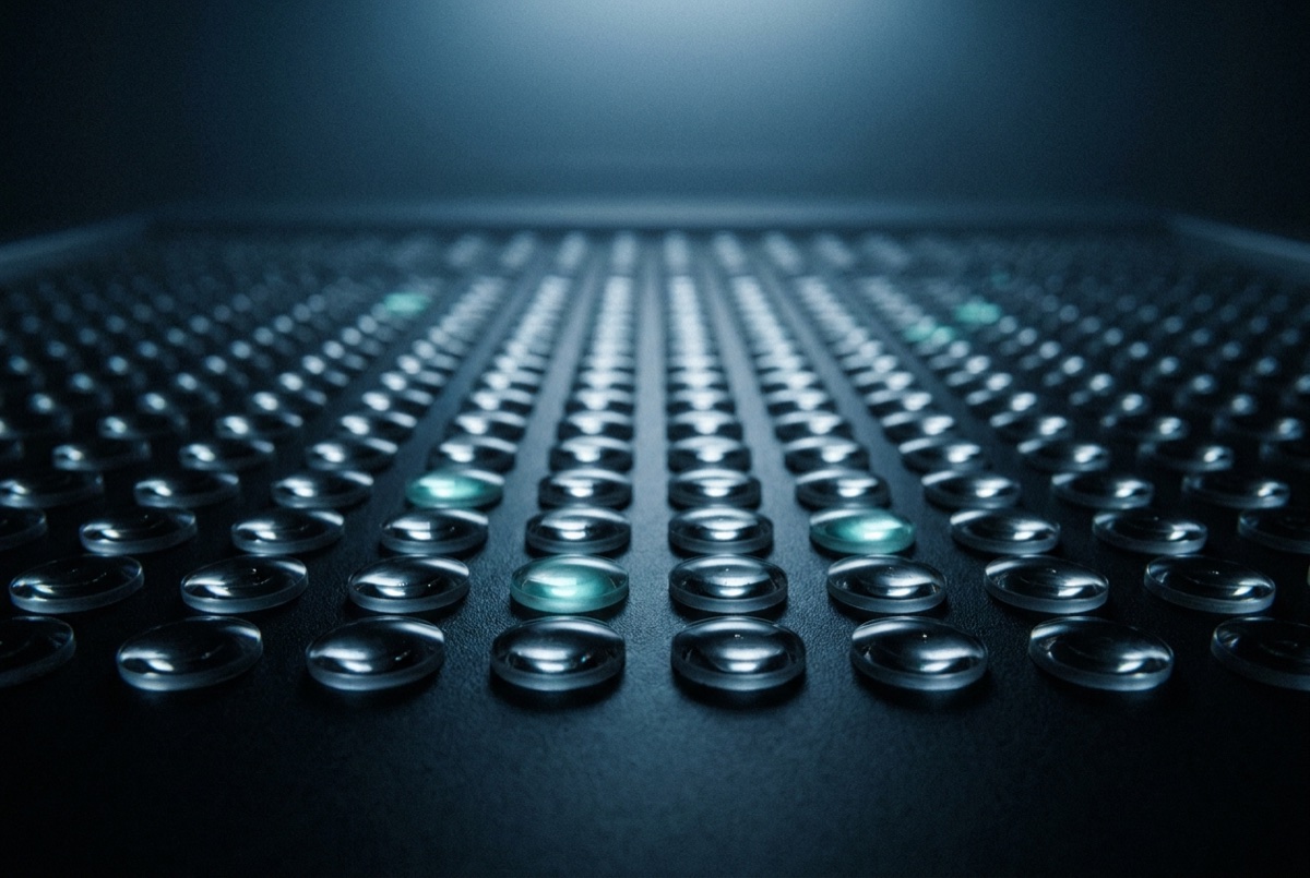 A wide grid of hundreds of small glass lenses; a few glow from within.