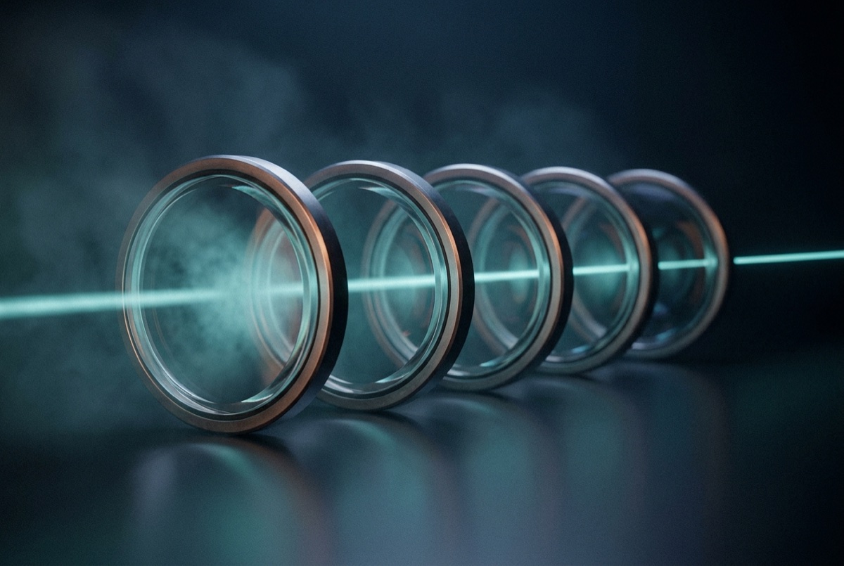 Five optical lenses in a row; a beam of light grows more precise from lens to lens.