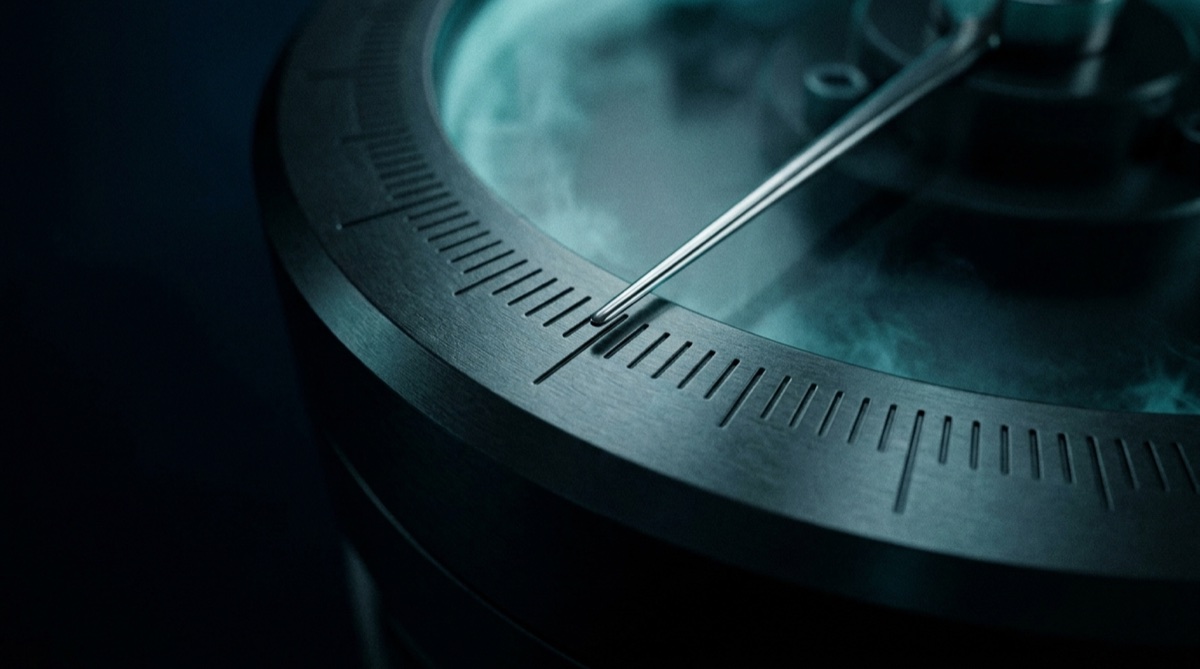 Close-up of an engraved measuring scale, the needle resting between two marks.