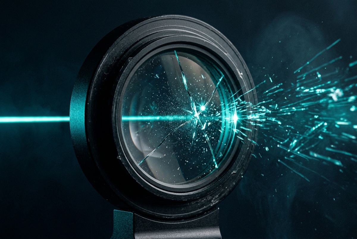 A cracked lens scatters an incoming beam of light in all directions.