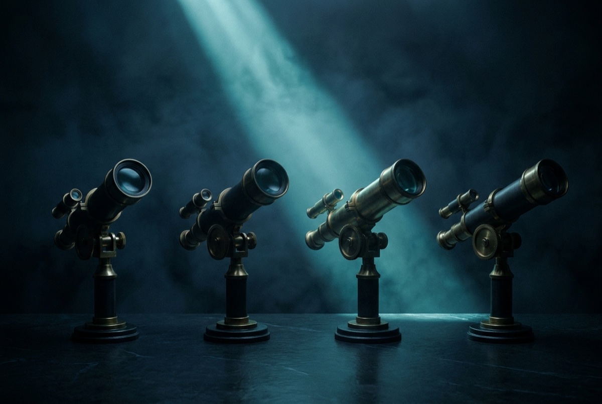 Four identical telescopes on plinths, each turned in a different direction; only one stands in the light.